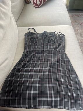 Reformation Black Plaid Spaghetti-Strap Dress